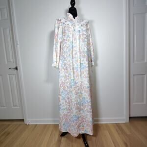 Vintage 80s‎ Daisy Floral Housecoat Maxi Dress Lace Ruffle Cottagecore M
